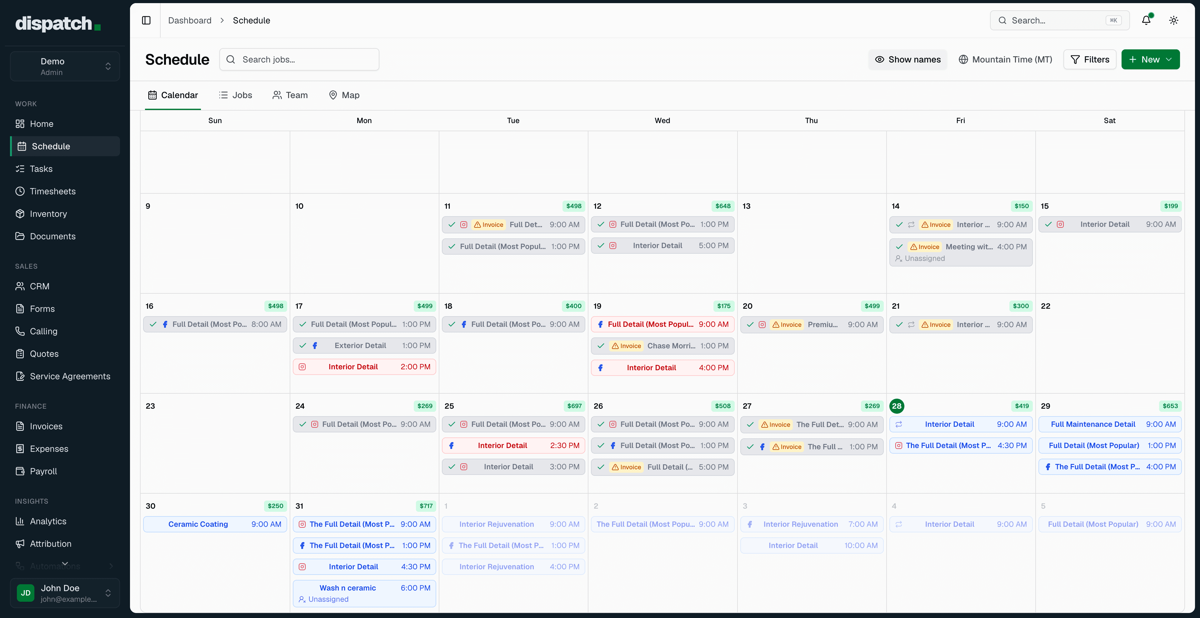 Dispatch schedule calendar showing booked detailing jobs, daily revenue, and the software we install