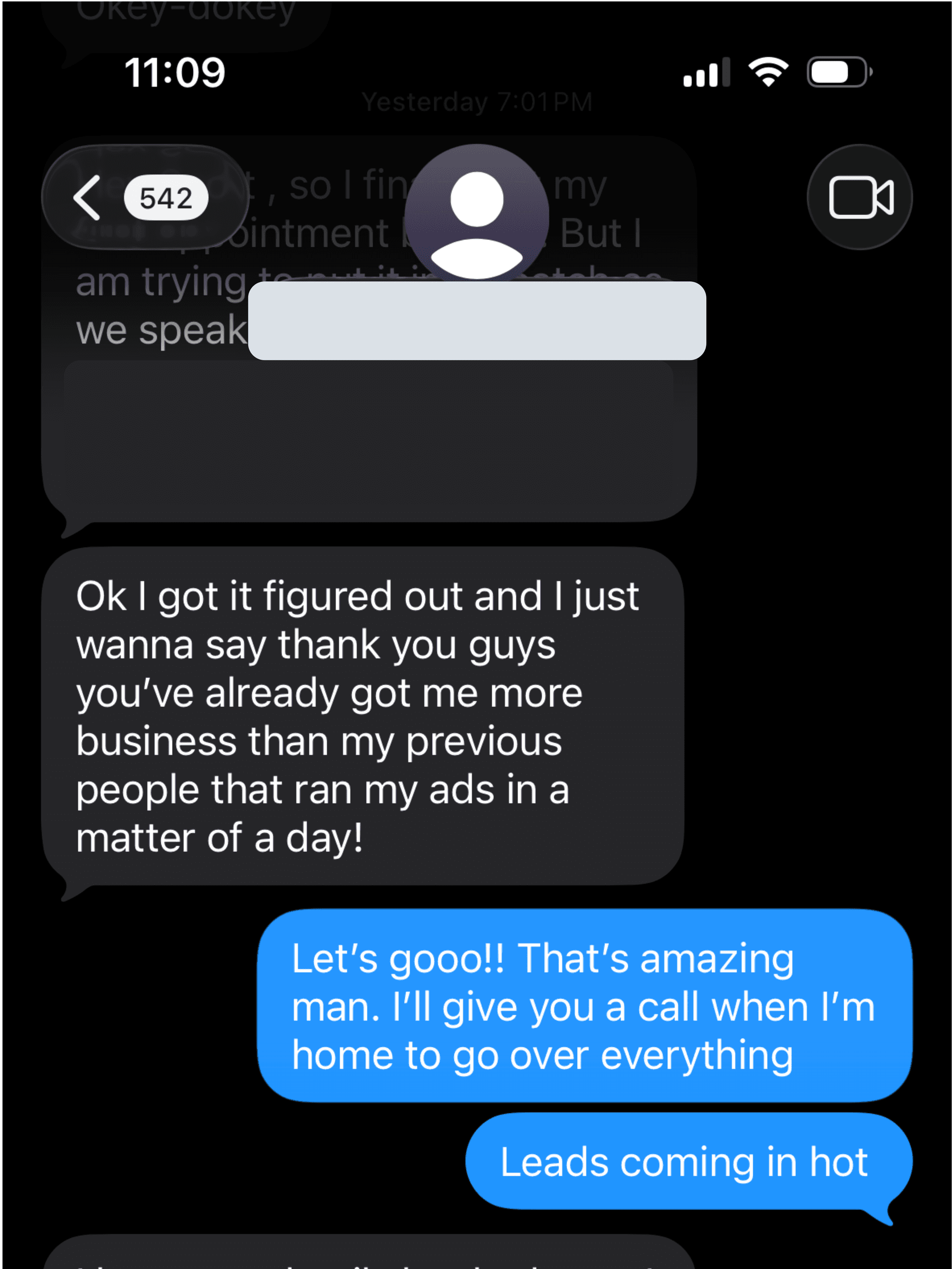 Client text: more business in a day than previous ad people